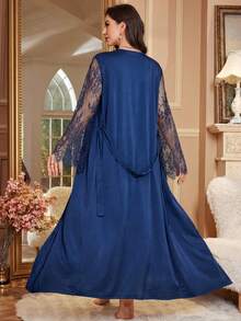 SHEIN Sexy High Slit Robe & Elegant Robe 2-Piece Sleepwear Set For Women, Autumn/Winter - Royal Blue - View 2