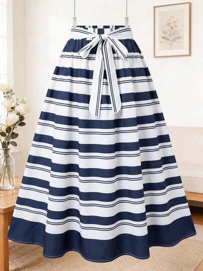 Franclia Plus Size Front Tie All-Over Allover Print Skirt, Casual Everyday Wear Maxi Women Outfit Navy Blue Sailor Skirt Striped Skirt Beach Skirts For Women