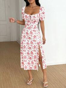 SHEIN Unity Women's High Slit Floral Print Casual Vacation Bellflower Dress For Spring/Summer Maxi Women Outfit - Pink - View 6