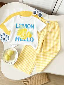Sparklyn Mädchen Lässiges, süßes kariertes Kirschprint T-Shirt und Hosen Set - Gelb - Übersicht 3