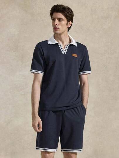 Courvante 2pcs Men's Comfortable Twill Fabric Short Sleeve Polo Shirt And Drawstring Elastic Waist Shorts Set, With Striped Webbing And Small Leather Patch, Suitable For Casual, Party, Gathering, Sports, Office, Spring And Autumn, Classic Japanese Style Short Sleeve And Shorts Set, Popular Classic Set, Suitable For Self-Wear Or Gift To Friends Mens Two Piece Shirt And Shorts Set Mens Summer Two Piece Outfit Mens Coordinating Short Set Mens Navy Two Piece Shorts Set Mens Casual Two Piece Set Brand