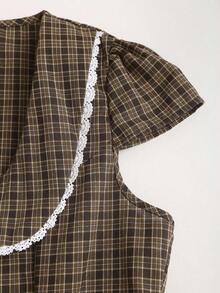 SHEIN Sweetro Đầm in họa tiết kiểu Pháp cổ điển, cổ ve lật, chân váy chữ A ôm eo. - Cà phê - Xem 4