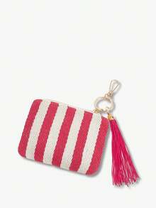 Viva Strut 1pc Fashionable, Simple, Personalized And Fun, Spring And Summer Vacation Wind, Rose Red Striped Handmade Fruit, Watermelon Beads, Fringed Keychain, Change Bag, Spring And Summer Vacation Beach Seaside, Best Gift Giving - Rose red and white - View 4