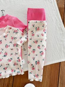 SHEIN LMoss Kids Dozemod 儿童新生女宝宝夏季休闲碎花荷叶边圆领短袖上衣和裤子四件套针织睡衣套装 - 粉色 - 查看 4
