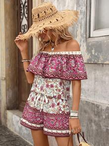 Brillora Setelan 2 Potong Wanita Motif Bunga Boho, Atasan Bahu Terbuka Berkerut dan Celana Pendek Bertali Serut, Warna Beige, Pakaian Kasual Liburan Pantai Musim Panas - Purple - View 8