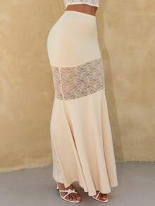 Glamine Women's Sexy Girlisim High-Waisted Asymmetrical Lace Patchwork Long Skirt, Pastal, Suitable For Vacation Party Golf Wear Autumn - Yellow - View 5