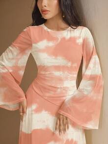 女士圆领扎染褶皱优雅收腰阿拉伯风派对连衣裙 - 橘色 - 查看 7