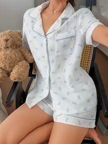 Napfluff 100%纯棉女士睡衣套装，短袖短裤，双层绉纱面料，宽松家居服两件套 - 藍白色 - 查看 7