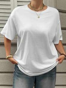 Dazy Plus Plus Size Women White Loose Fit T-Shirt With Back Print Decoration, Spring/Summer - White - View 5