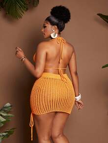 Maweii Bộ đồ nữ gồm áo croptop hở lưng cổ yếm gợi cảm, thời trang và chân váy ngắn cạp chun thắt nơ, thích hợp cho đi biển, nghỉ dưỡng, mùa hè. - Vàng - Xem 2