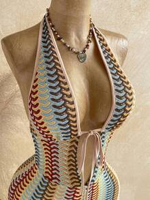 SHEIN WYWH Mono sexy con cuello en V profundo, frente con lazo y rayas para vacaciones de mujer - Multicolor - Ver 4