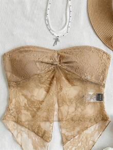 Soleia Top de moda de tejido de encaje texturizado tipo bandeau con nudo delantero y bajo dividido, adecuada para el té de la tarde, la temporada de graduación, todas las estaciones, fiestas, el Día de San Valentín - Caqui - Ver 4