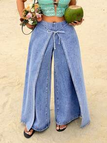 Sunnyshic Jeans de tiro alto, sueltos, de nuevo estilo, con parches y lazo - Azul - Ver 1