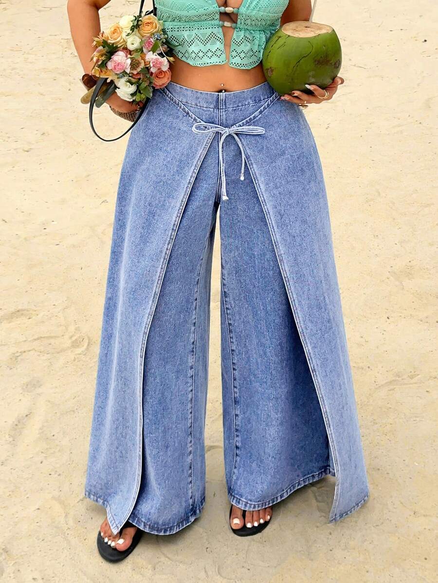 Sunnyshic Jeans de tiro alto, sueltos, de nuevo estilo, con parches y lazo - Azul - Ver 1