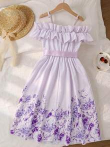 1pc Tween Girl Elegant Floral Digital Print Off-Shoulder Ruffle Adjustable Strap Dress With Satin Belt, Suitable For Daily Wear, Party, Vacation, Casual - Mauve Purple - View 2