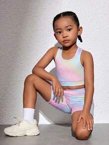 SHEIN Young Girl' Knitted Leopard Print Crop Top And Shorts 2 Pieces Sportswear Cute Set Gym Pink And Yellow Summer - Multicolor - View 3