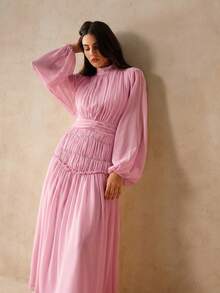 Anewsta Essential Women's Lantern Sleeve Mid-Length Dress, Extra Long Elegant Chiffon Long Sleeve Dress, Casual Summer Dress - Pink - View 5