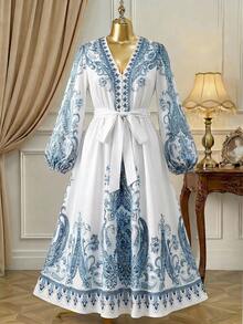 Court Retro  Plus Size Women Locating Floral Print Elegant Lantern Sleeve V-Neck Elastic Waist A-Line Dress Fall Cloth For Women - Blue - View 3
