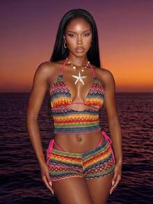 Slaydiva 新款春夏纹理针织性感抽绳沙滩度假吊带上衣和阔腿裤两件套泳衣套装（女款） - 彩色 - 查看 1