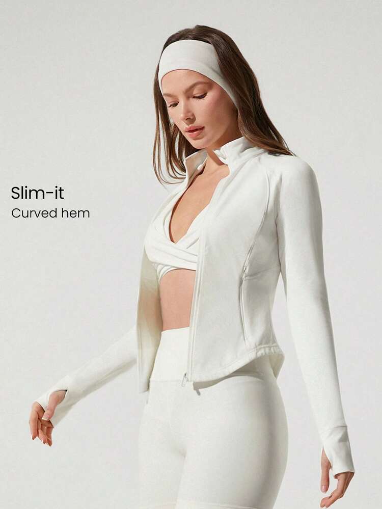 FeatherFit™ Studio Ready Zipper Pockets Slim Fit Long Sleeve Thumbholes Active Jacket Low Impact Yoga Pilates Studio Gym Daily