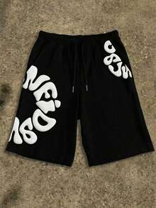 Manfinity EMRG 男士字母印花抽绳腰带口袋短裤 - 黑色 - 查看 3