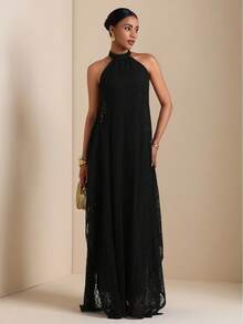 Vesra Women's Solid Color Elegant Party Halter Dress - Black - View 3