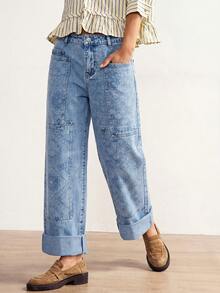 Bohemela Quần jeans nữ dáng rộng, họa tiết hoa và xanh phối nhiều mảnh. - Rửa nhẹ - Xem 4