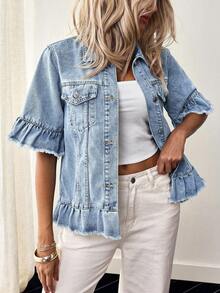 SHEIN Holidaya Áo khoác denim nữ thời trang, đa năng, cài nút, viền bèo nhún - Rửa nhẹ - Xem 6
