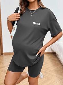 SHEIN 2pcs Maternity Letter Print Casual Short Sleeve T-Shirt And Adjustable Waist Shorts Set Maternity Sets Outfit For Pregnant Women Maija Women Clothing 2piece Outfit For Women Set Casual Pijams Summer Set For Woman - Grey - View 10