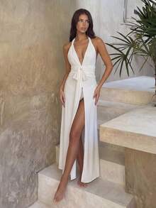 Bonvoyette Nouvelle combinaison de plage/couvre-maillot de bain une pièce élégante pour femmes, avec dos ouvert, nœud, plis et épais bretelles torsadées blanches, à la mode pour le printemps/été et les stations balnéaires - Blanc - Voir 6