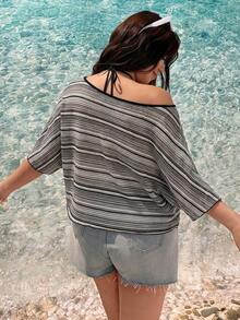SHEIN EZwear Bohemian Colorful Striped Irregular Neck Off-Shoulder Short Sleeve Plus Size T-Shirt, Spring/Summer - Black - View 2