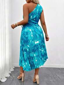 Breezaya Đầm xếp ly không tay cổ lệch màu ombre thanh lịch dành cho phụ nữ cỡ lớn - Màu xanh lam - Xem 2