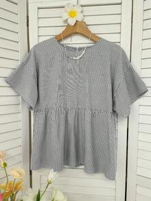 SHEIN EZwear Áo sơ mi nữ kẻ sọc cổ tròn dệt kim kiểu dáng thường ngày - Đen và trắng - Xem 6