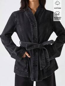 LYSMO Áo khoác denim tay dài, một hàng khuy, túi, thiết kế thắt lưng đơn giản dành cho nữ - Màu xanh hải quân - Xem 1