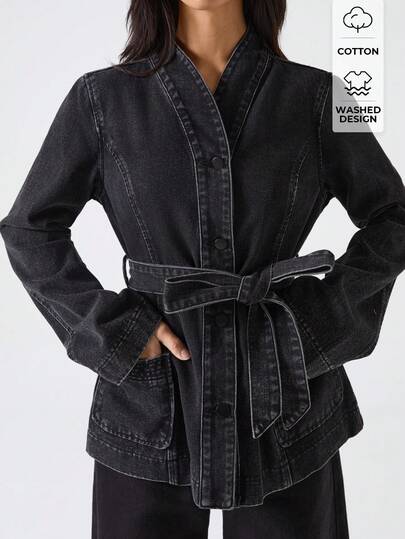 LYSMO Áo khoác denim tay dài, một hàng khuy, túi, thiết kế thắt lưng đơn giản dành cho nữ