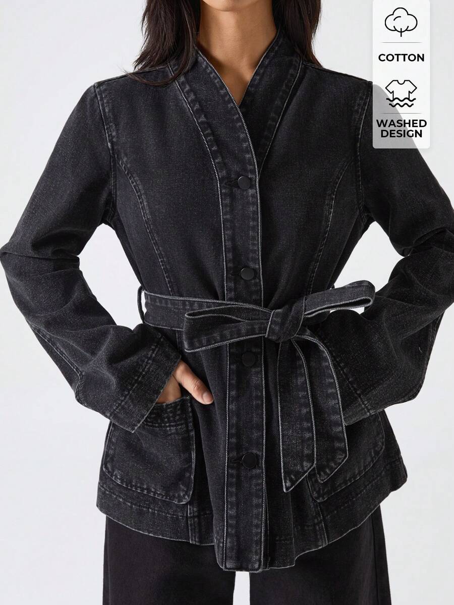 LYSMO Áo khoác denim tay dài, một hàng khuy, túi, thiết kế thắt lưng đơn giản dành cho nữ - Màu xanh hải quân - Xem 1