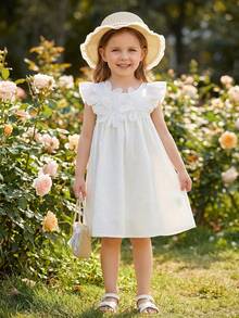 SHEIN Elladie kids 女童纯色优雅连衣裙。精致的荷叶袖设计增添可爱魅力，A字廓形优雅大方。3D立体花卉装饰更添活力。适合多种场合：户外玩耍，轻松吸引眼球；居家休闲，舒适自在；参加派对，优雅吸睛。小公主们的首选。 - 白色 - 查看 9