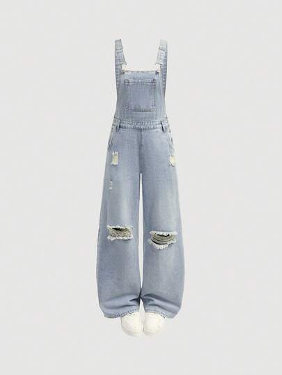 SHEIN Thời trang nữ tuổi teen phong cách thường ngày Y2K vintage cá tính đường phố đơn giản rộng rãi thoải mái hoài cổ quần jeans xanh bạc màu rách lưng cạp chun cho nữ sinh tuổi teen, trang phục hàng ngày và trang phục dự tiệc mùa xuân hè cho nữ sinh, trang phục đường phố.