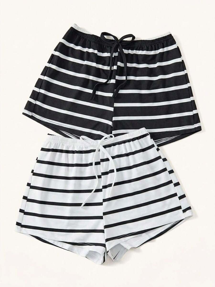 Women's Simple Daily Black And White Striped 2 Packs Sleep Shorts - Black and White - View 1