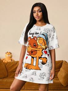GARFIELD | SHEIN 女士休闲可爱卡通字母印花宽松夏季睡裙 - 白色 - 查看 5