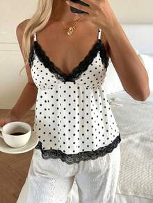 CovetEZ Women's Casual Chest Ruched Babydoll Lace Patchwork, Women's Autumn/Winter Leisure Camisole, Spring/Summer Top, Black & White Polka Dot Contrast Lace Camisole, Christmas Top, Polka Dot Top, Sweet Polka Dot Top, Black & White Polka Dot Lace Patchwork Camisole Spring - Multicolor - View 5