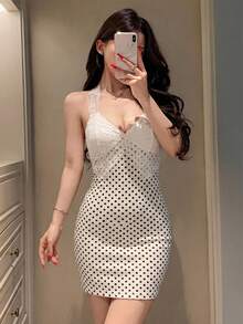 DAZY 蕾丝拼接波点图案露背修身迷你连衣裙，女士夏季睡衣 - 白色 - 查看 3