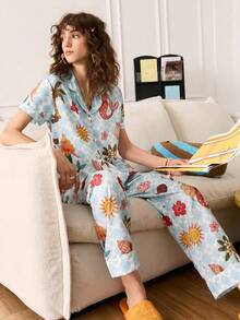 Chillnights Vacation Style Printed Top And Pants Pajama Set - Baby Blue - View 1
