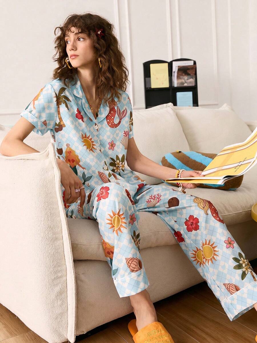 Chillnights Vacation Style Printed Top And Pants Pajama Set - Baby Blue - View 1