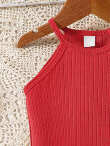 SHEIN Genkimix Kids 1 chiếc đầm dệt kim xoắn có tua rua cho bé gái, thích hợp cho kỳ nghỉ ngoài trời ở bãi biển, mùa hè. - Đỏ - Xem 3