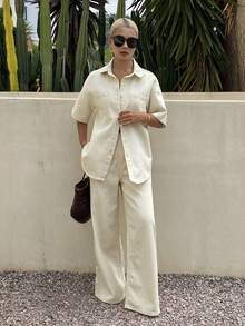 Bộ đồ nữ dáng rộng thoải mái, phong cách nghỉ dưỡng, áo tay ngắn và quần jeans ống đứng dài, thích hợp cho mùa xuân/hè. - trắng - Xem 1