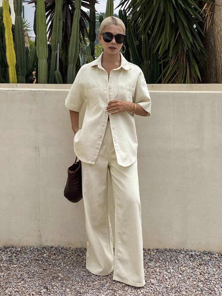 Bộ đồ nữ dáng rộng thoải mái, phong cách nghỉ dưỡng, áo tay ngắn và quần jeans ống đứng dài, thích hợp cho mùa xuân/hè. - trắng - Xem 1