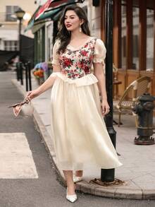 Auvina Plus Size Women's Spring/Summer Palace Style Vacation Dress, Elegant For Wedding, Birthday Party, Cocktail Party, Afternoon Tea Gathering Champagne - Multicolor - View 7