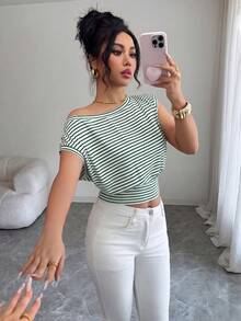 SHEIN Elenzya Asymmetric Waist Hem Oblique Shoulder Elegant Office Lady T-Shirt - Multicolor - View 4