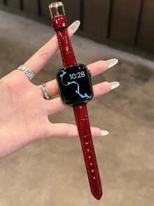时尚品牌 D 字母金色金属装饰软皮表带，适用于 46mm 38mm 40mm 41mm 42mm 44mm 45mm 49mm 表盘；优雅女士珍珠皮革替换表带，适用于 Series 11 10 9 8 7 6 5 SE Ultra 2；时尚配饰，适合女孩，圣诞节和情人节礼物。 - 酒紅色 - 查看 3